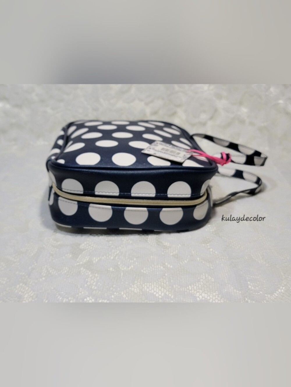 Dabney Lee Navy Blue White Polka Dot Cosmetic Travel Large Toiletry Bag Zip Tote - Picture 10 of 16